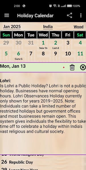Indian Holiday Caledar 2025